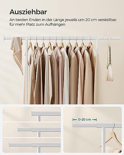SONGMICS Kleiderständer auf Rollen, Schwerlast-Garderobenständer, ausziehbare Kleiderstange, bis 100 kg belastbar, einfache Montage, transportabel, weiß HSR013W01