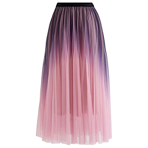 CHICWISH Women's Shimmer Gradient Pleated Mesh Maxi Skirt