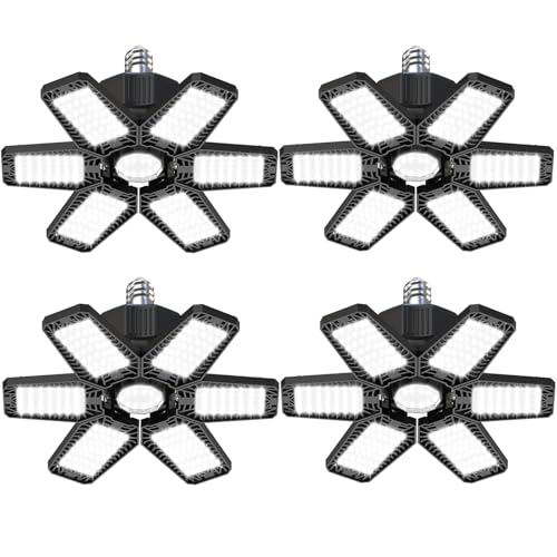 Image of 4 Pack LED Garage Lights - 180W 18000LM LED Garage Lights with 6 Adjustable Panels Daylight 6500K Deformable Bulb Garage E26 /E27 LED Shop Light for Garage Lighting