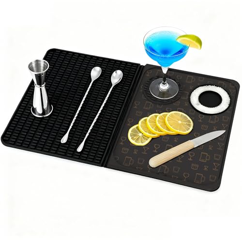 Bar Mat for Countertop，Bar Mat, Multifunctional Folding Cocktail Mat with Cutting Board, 18' X 12'(Black) Drying Mats,Bar Accessories, Bar Decorations for Home, Outdoor Bar Accessories,Travel