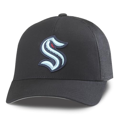 AMERICAN NEEDLE Unisex Seattle Kraken Officially Licensed NHL Valin Adjustable Snapback Baseball Trucker Hat (EM002A-SEK-BLK)