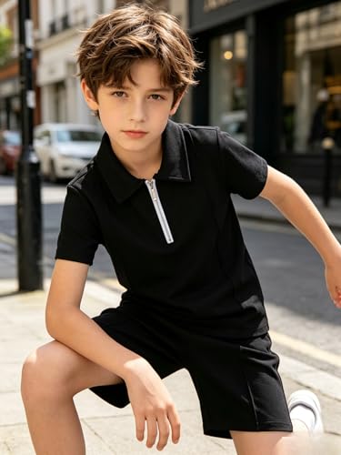 Image of Yoxindax Boys Clothes 2-Piece Casual Street Style Turn-Down Collar Half Zip Kids 4-12 Years Teen Boys Summer Outfits