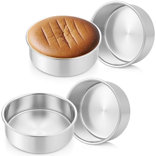 Leonyo 4 Pack 6Inch Round Cake Pans, Stainless Steel Circle Layer Cake Baking Pans Set, Metal Round Baking Tins for Wedding Party, Dishwasher Oven Safe