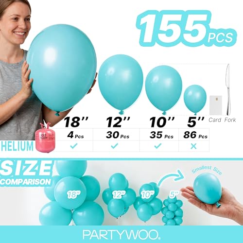 Image of PartyWoo Teal Balloons 155pcs Different Sizes Pack of 18 12 10 5 Inch Turquoise Dark Teal Balloon Arch Kit for Baby Shower Gender Reveal Graduation Mermaid Birthday Pool Party Decorations Blue-Y69