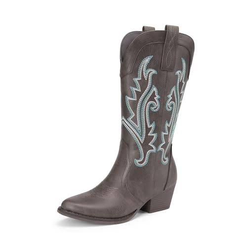 DREAM PAIRS Women's Cowboy Cowgirl Boots Embroidered Pointed Toe Low Heel Western Mid Calf Boot for Theme Party Country Concert,Size 8,Dark Brown,DWUMMB2503