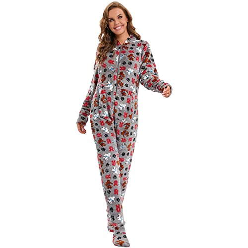 YiLianDa Damen Pyjama Jumpsuit mit Kapuze Füßen Casual Flanell Fleece Overall Erwachsene Einteiler Winter Herbst Thermo Homewear Abnehmbare Fußsocken Schlafanzug Dunkelgrau + Hund 2XL Cover