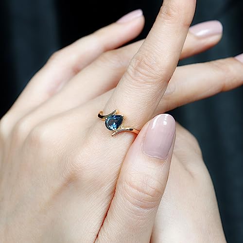 1 Ct London Blue Topaz Solitaire Cocktail Ring, Pear Cut Blue Topaz Cocktail Ring, Blue Topaz Gold Bypass Ring, Blue Topaz Gold Cocktail Ring, 14K Yellow Gold, Size:us 8.00 #TOP4