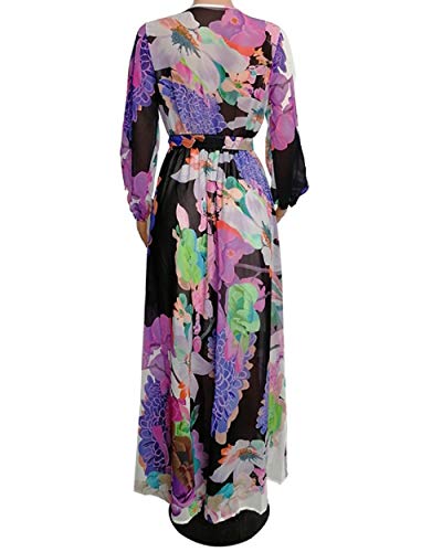 Image of lvenzse Womens Maxi Dress Boho Chiffon Floral Printed V-Neck Long Dresses