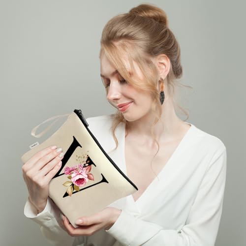 Image of Vavabox A-Z Personalized Makeup Bag, Birthday Gifts for Women Mom, Gifts for Best Friend, Bride Bridesmaid Cosmetic bag (W, Cream Yellow)