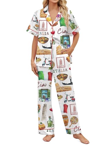 SHESHOW Satin Pajama Sets for Women 2 Piece Sleepwear Button Down Pajamas Italy Travel Print Womens Pjs Sets Size S