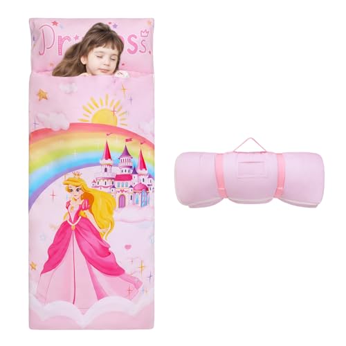 Princesse Sac de Couchage Chaud pour Enfants avec Oreiller Amovible, Tapis de Sieste Pliable pour Filles et Garçons, Couverture de Sieste avec Double Fermeture Eclair...