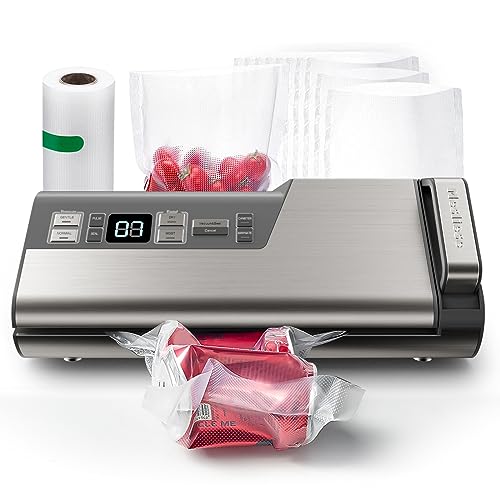 Image of Mesliese Vacuum Sealer Machine, 95kPa 140W One Hand Operation Food Sealer, Double Seal Strip with Build-in Cutter & Countdown Display, 2 Bag Rolls, 5PCS Pre-cut Bags, PULSE & Marinate Enabled