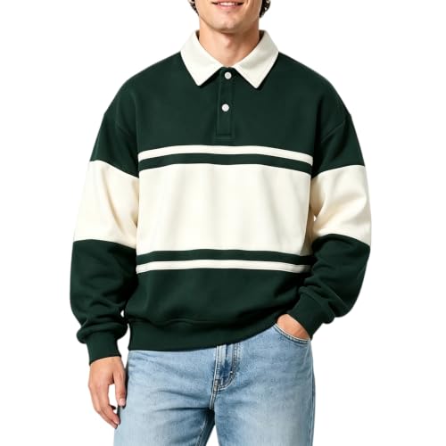 Rugby Shirts for Men Stripe Long Sleeve Polo Shirts Back To School Clothes | Mens Rugby Shirt,Rugby Shirt Men,Polo Golf Shirts for Men,Y2K Striped Long Sleeve Tshirt,Fall Winter Pullover Tops — view 2