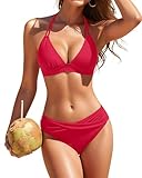 Womens Two Piece Bathing Suit - Push Up Bikini Set Full Coverage Swimsuit Halter Swimwear 2026 Red Small