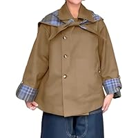 CHARTOU Women's Short Trench Coats Fall Notch Collar Plaid Reversible Oversized Jacket with Pockets (Small, Khaki)