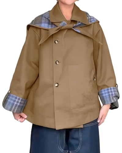 CHARTOU Women's Short Trench Coats Fall Notch Collar Plaid Reversible Oversized Jacket with Pockets (Medium, Khaki)