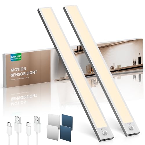 LROLTEF Luz Led Armario Cocina con Sensor de Movimiento Interior 40CM 2200mAh 4000K 66 LED Lampara Luces Mueble Recargable sin Cables Inteligente Lamp Nocturna para Gabinete Escalera Pasillo 2 Piezas