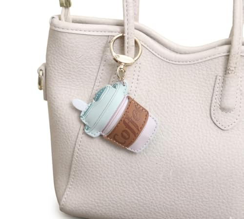 JAVIER.R WATCH DOCK Porte-clés décoratif en cuir véritable avec tasse à café dans les tons bleu pastel et rose pastel, mini tasse expresso en cuir, pendentif pour sac et sac à dos
