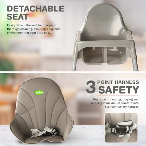 Image of Baybee 2 in 1 Baby High Chair for Kids, Baby Feeding Chair with 2 Height Adjustable, Footrest, Tray, Mobile Stand, 3 Point Safety Belt | Kids High Chair for 6 Months to 3 Years (Grey)