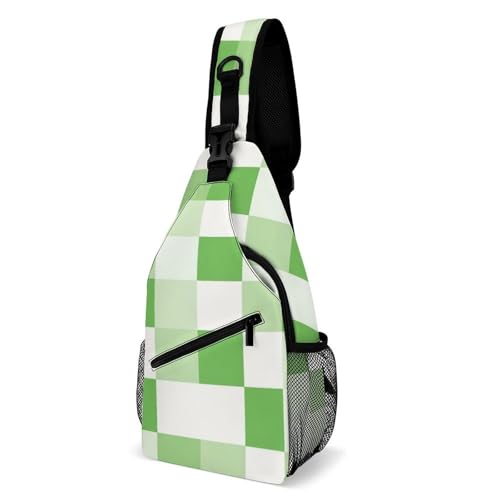 Fashion Traveling Running Casual Chest Bag, Dress Decor Sling Backpack, Shoulder Bag Casual Day Pack Green Plaid Checkered