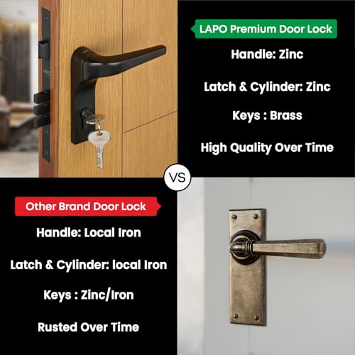 LAPO Heavy Duty Mortise Door Locks for Main Door, Lock for Bedroom, Door Lock Handlesets with Lock Body Set with 3 Key, Main Door Locks for Home,Resort - | Black Finish, Ro-276 |3 Years Warranty