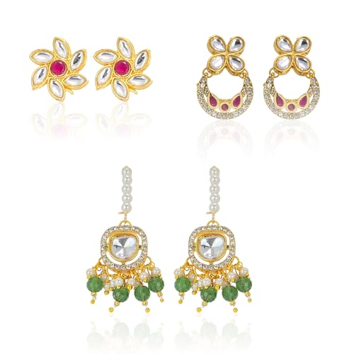 Yellow Chimes Kundan Pearl Ruby Stone Stone Gold Plated Traditional Earring Combo | Set of 3 Ethnic Earrings for Women | Festive Jewellery | Fashion Jewelery for Women & Girls Deal