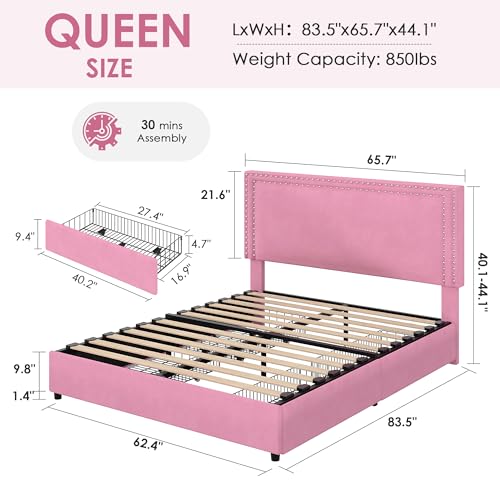 Image of VECELO Queen Size Upholstered Bed Frame with 4 Storage Drawers, Adjustable Velvet Rivet Decor Headboard, Wooden Slats Platform Support, No Box Spring Needed, Easy Assembly,Pink