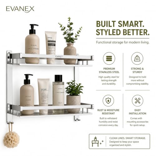 Image of EVANEX 2 Layer Folding Shelf for Bathroom 304 Grade Stainless Steel Bathroom Racks and Shelves Wall Mounted Multipurpose Shelf Bathroom Accessories Set