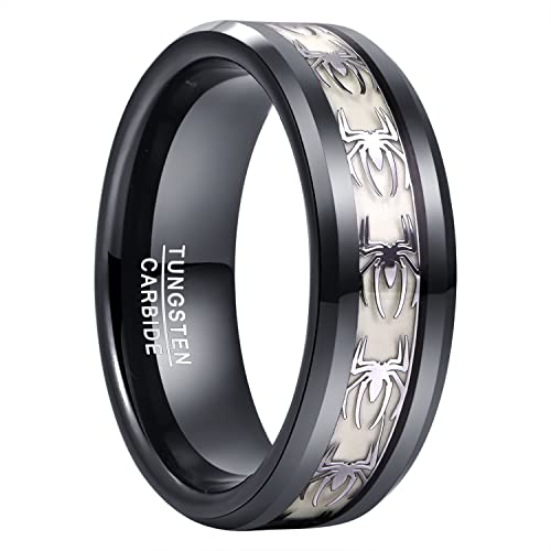 GALANI Wolfram Ring 8mm Ring Schwarz Herren mit Noctilluzent Spinne Wolframkarbid Ringe für Halloween Weihnachten Jubiläumsring Paarringe Tägliche Abnutzung Ring Schmuck Comfort Fit Größe 57(18.1) Cover