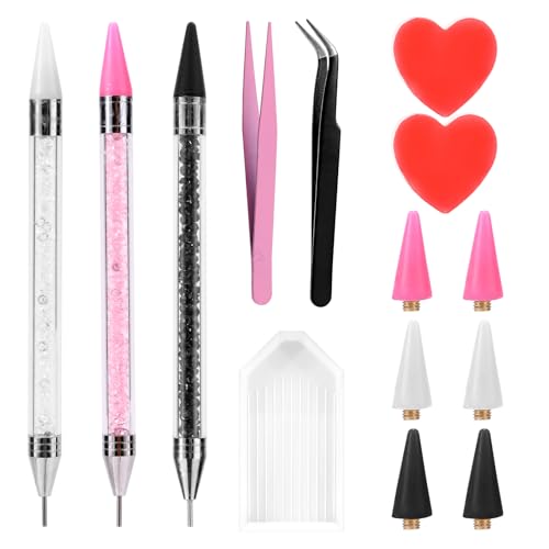 14pcs Bedazzling Rhinestone Picker Tools Kit Includes 3 Dual-End Wax Pens 6 Wax Tips 2 Clay Pad 1 Plate 1 Straight & Curved Tweezers Set for Nail Charms Gems Crystals Diamond Pickup