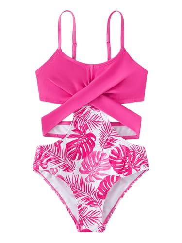SweatyRocks Girl's Criss Cross Cut Out One Piece Swimsuit Tropical Print Bathing Suit Monokini