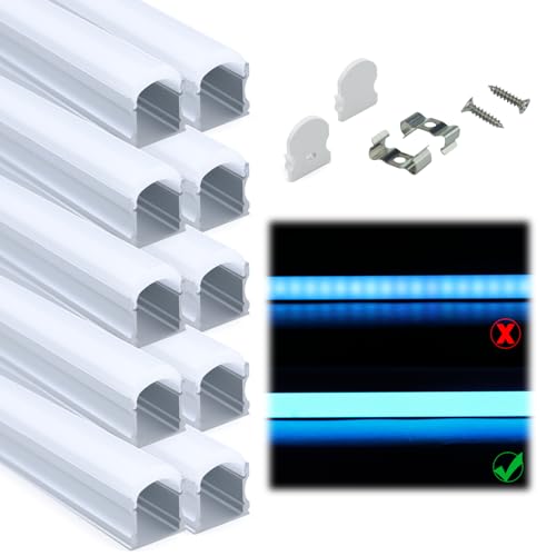 Muzata 10Pack 6.6FT/2M Excellent Spotless LED Channel with Thicker Milky White Cover No Hot Spots Sliver Deeper LED Strip Diffuser Channel U108 WW 2M