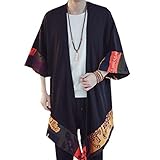 HZCX FASHION Men's Cotton Linen Long Kimono Jackets Open Front Cardigan Cloak(Small Flower,L)