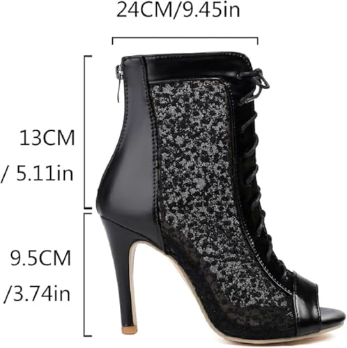 Image of Women's Lace Up Dance Heels Open Toe Mesh Sparkling Sequin Booties Peep Toe Stiletto High Heel Dance Shoes