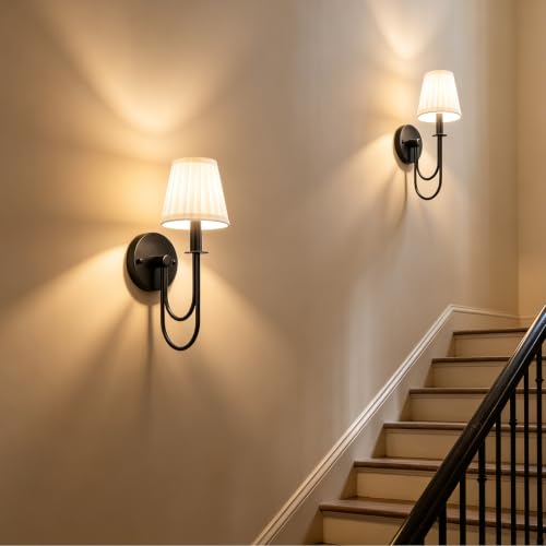 Image of Black Wall Sconces Set of Two, Modern Wall Lamps with White Pleated Shade | Industrial Wall Light Fixtures for Bedroom Living Room Hallway Bathroom Vanity