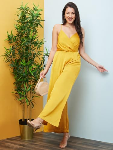 Image of Globus Women Yellow Solid Wrap V-Neck Jumpsuit-3640450001