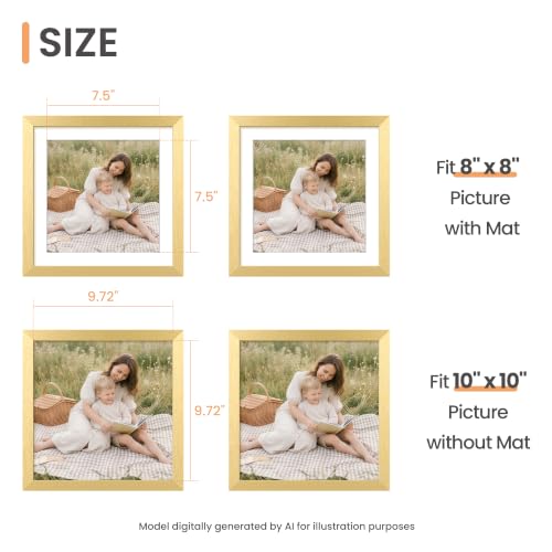Image of upsimples 10x10 Picture Frame, Display Pictures 8x8 with Mat or 10 x 10 Without, Wall Hanging Square Frames, Gold, 1 Pack