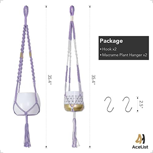 AceList Macrame Plant Hanger, Contrast Color Hanging Planter with Hooks, Decorative Flower Pot Holder for Indoor Outdoor Boho Home Decor 35.4 Inch, Kit of 2 Purple