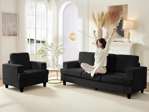Image of Mjkone 82 inch W 2 Piece Living Room Furniture Sofa Set, Modular 3 Seater Sofa Couch and Armchair Sets, Chenille Fabric Sectional Couch Sets for Living Room Studio Home Apartment, Dark Grey