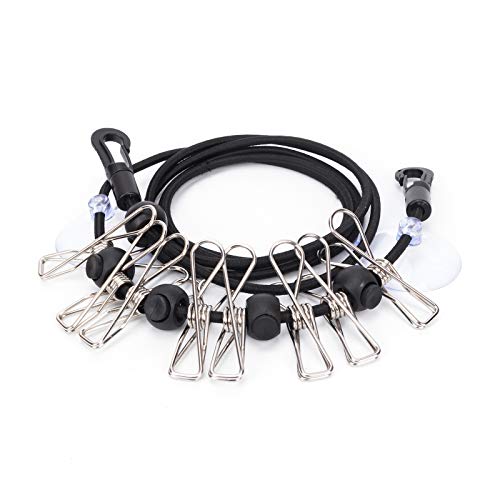 pack all Portable Travel Clothesline, Elastic Camping Clothesline, Travel Laundry Line, Adjustable Washing Line with 1 Bag, 8 Clothespins, 4 Anti-Skid Clips, 2 Suction Cups for Outdoor and Indoor Use