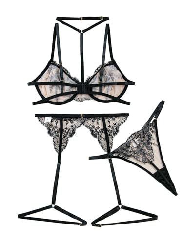 Image of Lilosy Sexy Choker Floral Lace Scallop Sheer Underwire Push Up Garter Belt Lingerie Set 3 Piece