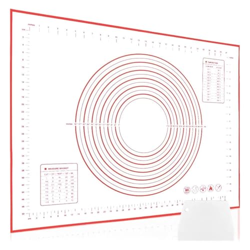 SAEIV Tappetino da forno in silicone, antiscivolo, 80 x 60 cm, antiaderente, con misurazione, tappetino da forno per fondente, pasticceria, pizza, senza BPA (rosso + 1 raschietto)