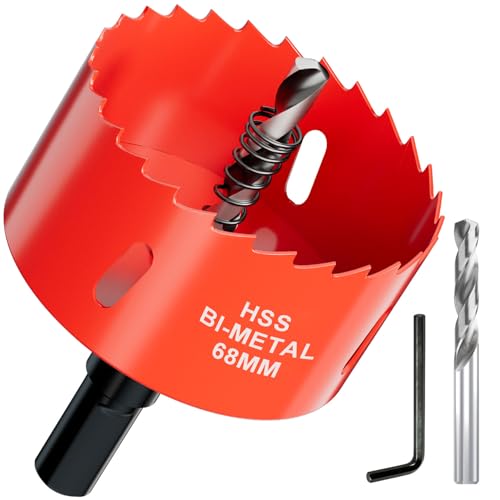 Lochsäge Bohrkrone 68mm aus HSS Bimetall - Hochleistungs Lochfräse und Lochkreissäge mit Dreieckgriffadapter und Zentrierbohrer für Holz Kunststoffe Metall Trockenbauwände Rigips und Kaminrohre