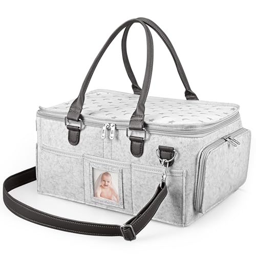 Image of Baby Diaper Caddy Organizer for Baby Essentials, Portable Diaper Caddy Basket with Handles and Zip Cover, Diaper Basket Organizer for New Mom Baby Shower Gifts, Changing Table, Car (Gray)