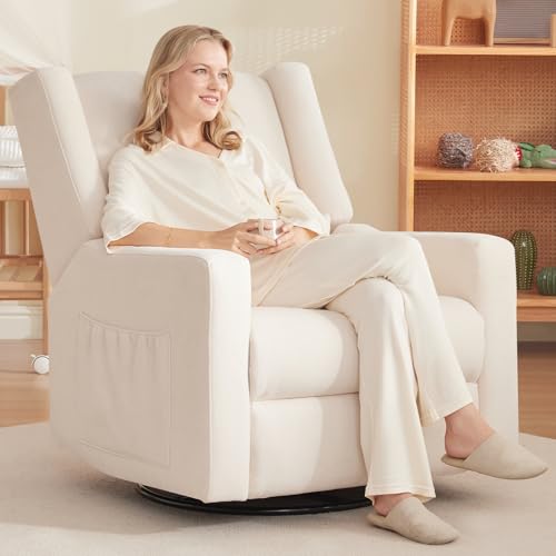 Image of Tbfit 360° Swivel Recliner Chair, Nursery Rocking Chair with Lumbar Support & Footrest for Bedroom, Comfy Upholstered Armchair with Pillows & Storage Bag for Living Room (Beige, Hidden Ring Handle)