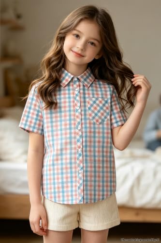 Image of SANGTREE Girls Women Plaid Shirt Short Sleeve Button Down Summer Blouses