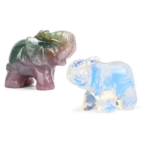 Leadgem 2 Pieces Crystal Elephant Figurines Natural Ocean Jasper Opalite Animal Sculpture Statues Crafts Gemstone Reiki Pocket Stones Collection Home Office, 1.5" #TOP7