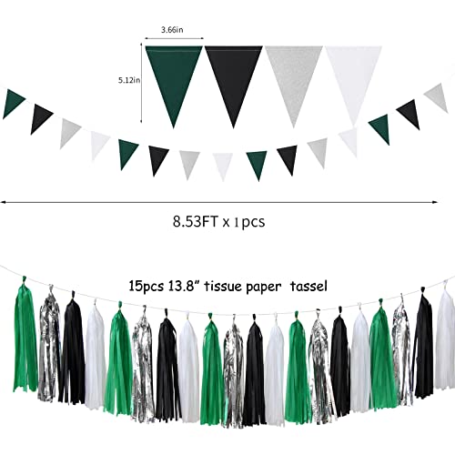 Image of Black Green Silver Football Party-Decorations - 30pcs Soccer Graduation Streamers,Tissue Pom Poms,Tassel Garland Backdrop Men Boys Birthday Spring Sunmer Bunting Jungle theme Banner Lasting Surprise
