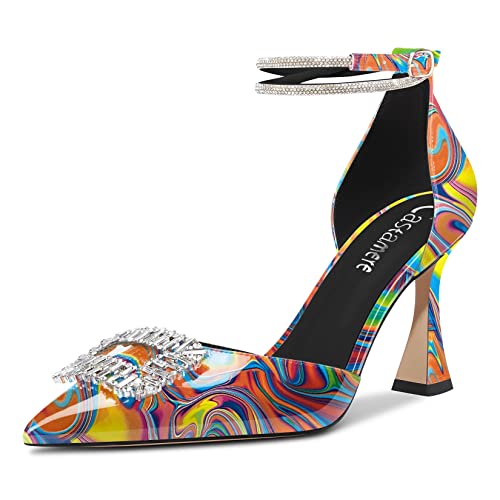 Castamere Women High Chunky Block Heel Ankle Strap Diamond Crystal Pointed Toe Pumps 3.3 Inches Heels