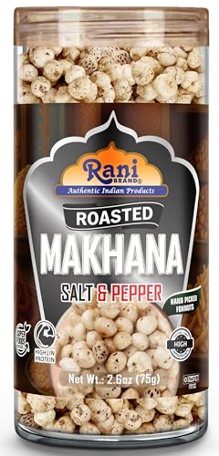 Image of Rani Roasted Makhana (Fox Nut /Popped Lotus Seed) Salt & Pepper Flavor 2.6oz (75g) Ready to eat, Hand Picked Foxnuts ~ All Natural | Vegan | Gluten Friendly | NON-GMO | Kosher | Indian Origin